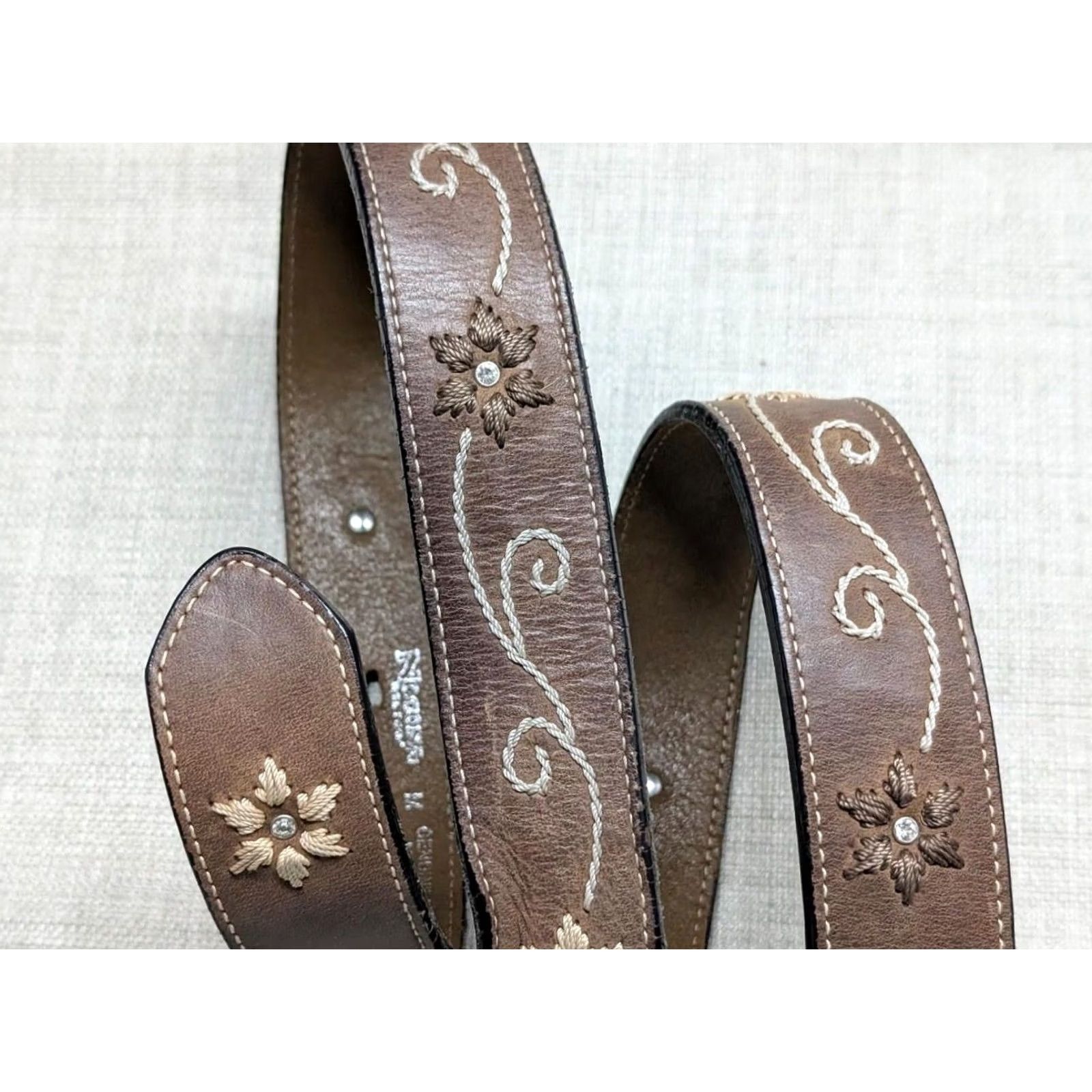 Vintage VINTAGE Nocona belt western 34 leather studded rhinestone buckle floral rhinestone belt Unisex Adults Men Women Size 34 - 2 Thumbnail