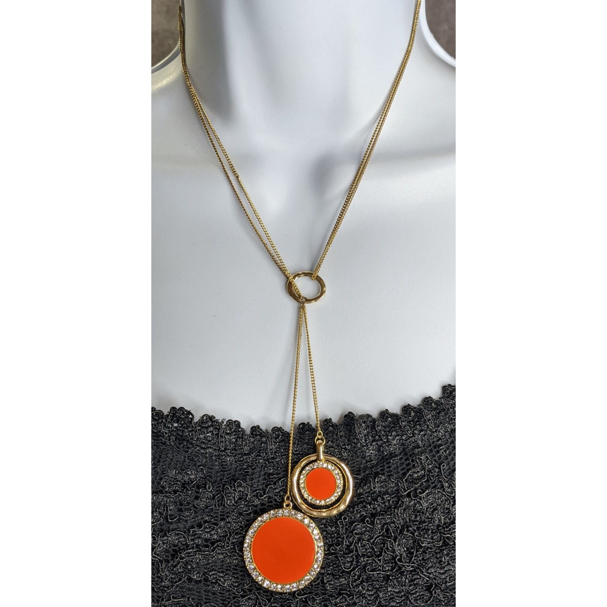 Other Retro Gold-Tone Pendant Necklace With Double Orange Enamel D Size ONE SIZE - 1 Thumbnail