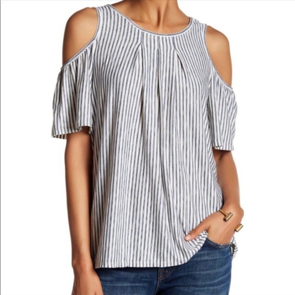 Other Max Studio Ladies Size Small Blue & White Striped Cold Shoul Size S / US 4 / IT 40 - 6 Thumbnail