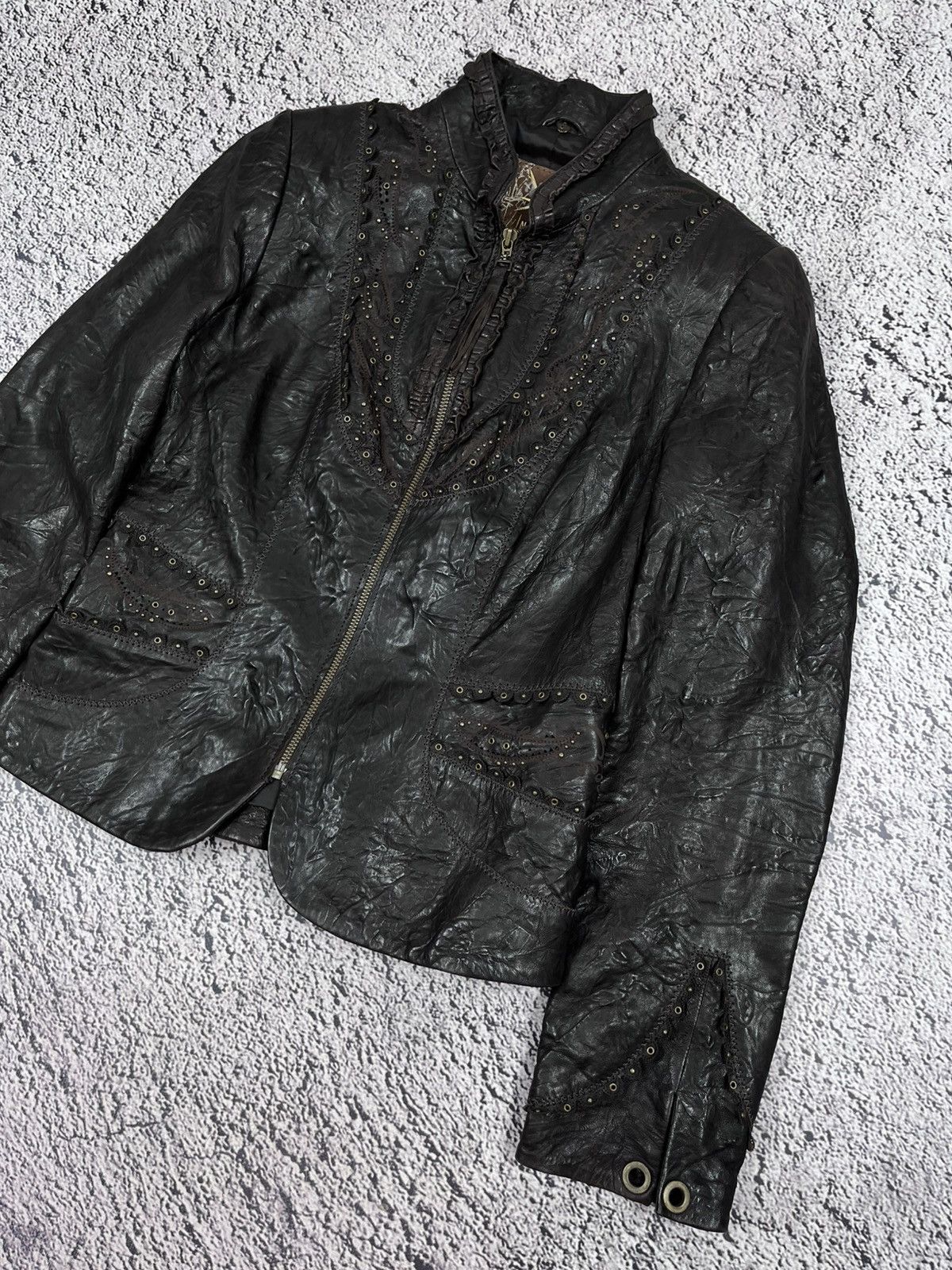 Leather Vintage Distressed Crinkled Leather Jacket Studded Y2K Size XS / US 0-2 / IT 36-38 - 4 Thumbnail