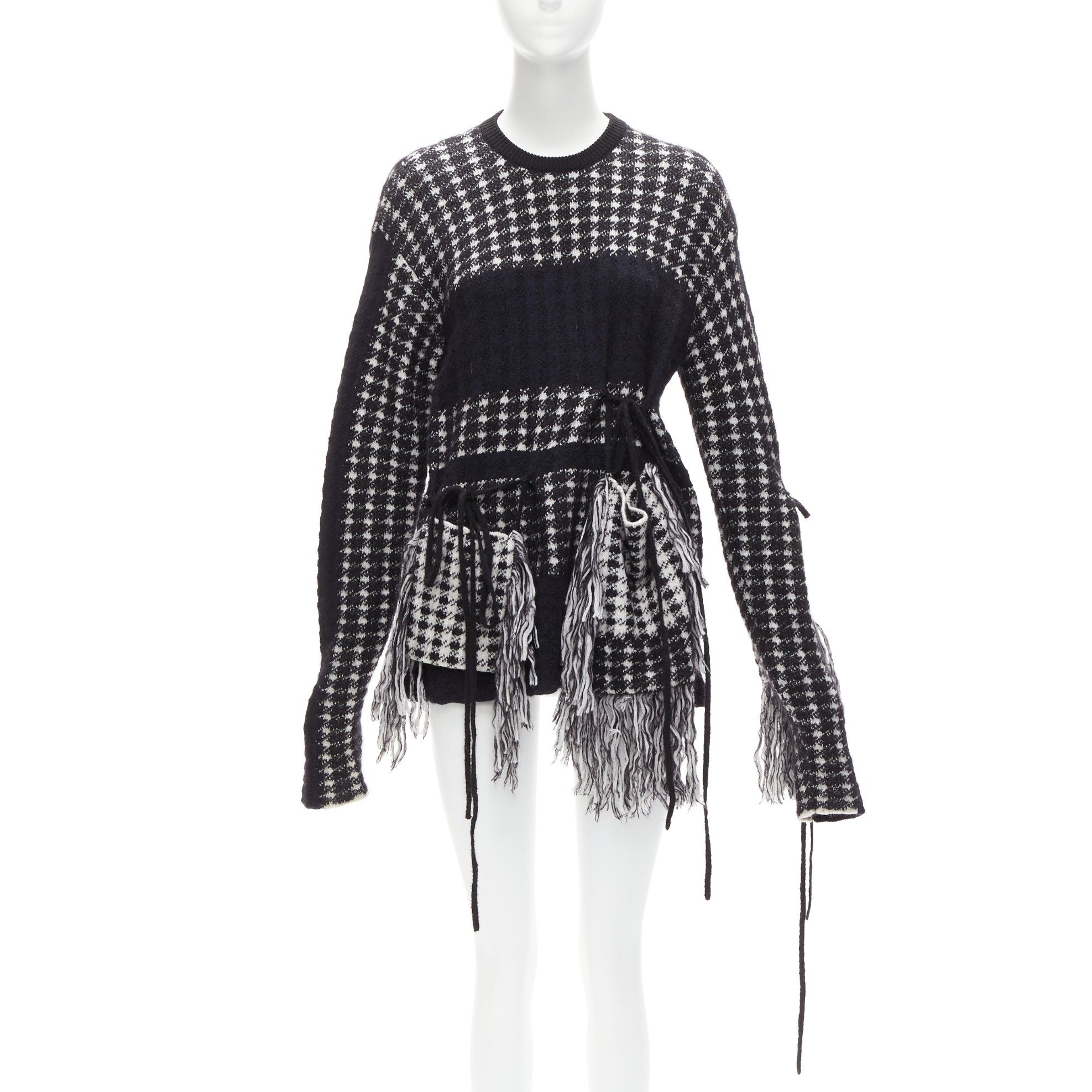 image of Ports 1961 Black White 100% Virgin Wool Houndstooth Pocket Fringe Sweater S, Women's (Size Small)
