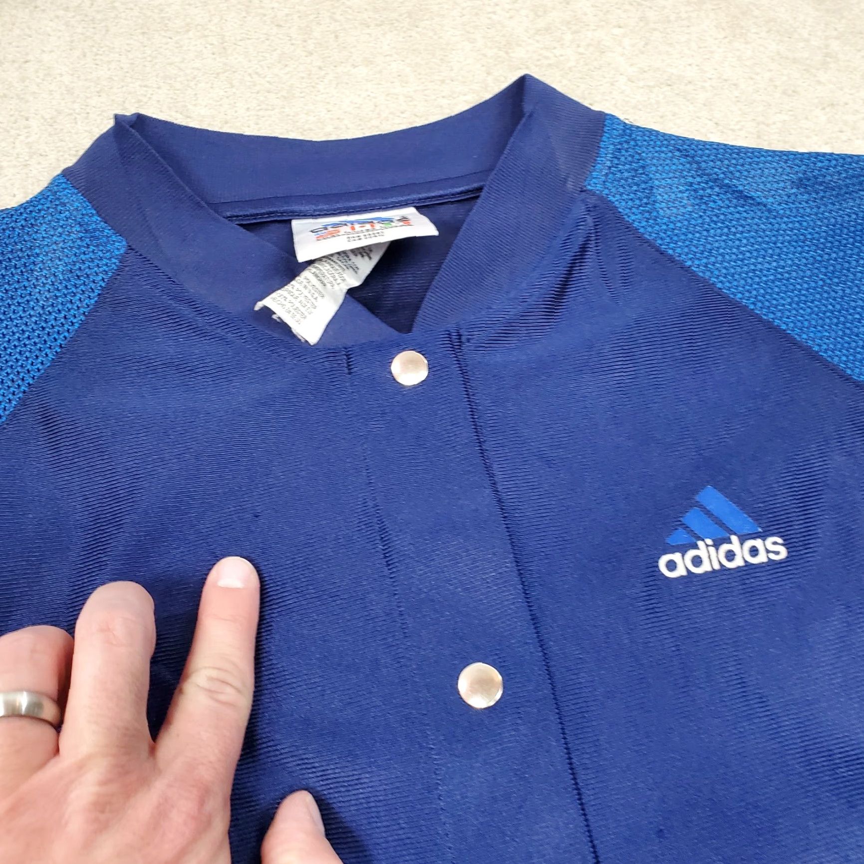 Adidas VINTAGE adidas Jersey Shirt Mens XL Blue Satin Snap Up Big Logo Trefoil Shirt Mens XL Blue Satin Snap Up Trefoil Logo Jersey Size US XL / EU 56 / 4 - 3 Thumbnail