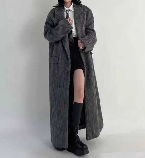 image of Vintage Retro Korean Style Gray Extended Woolen Coat in Grey, Women's (Size Medium)
