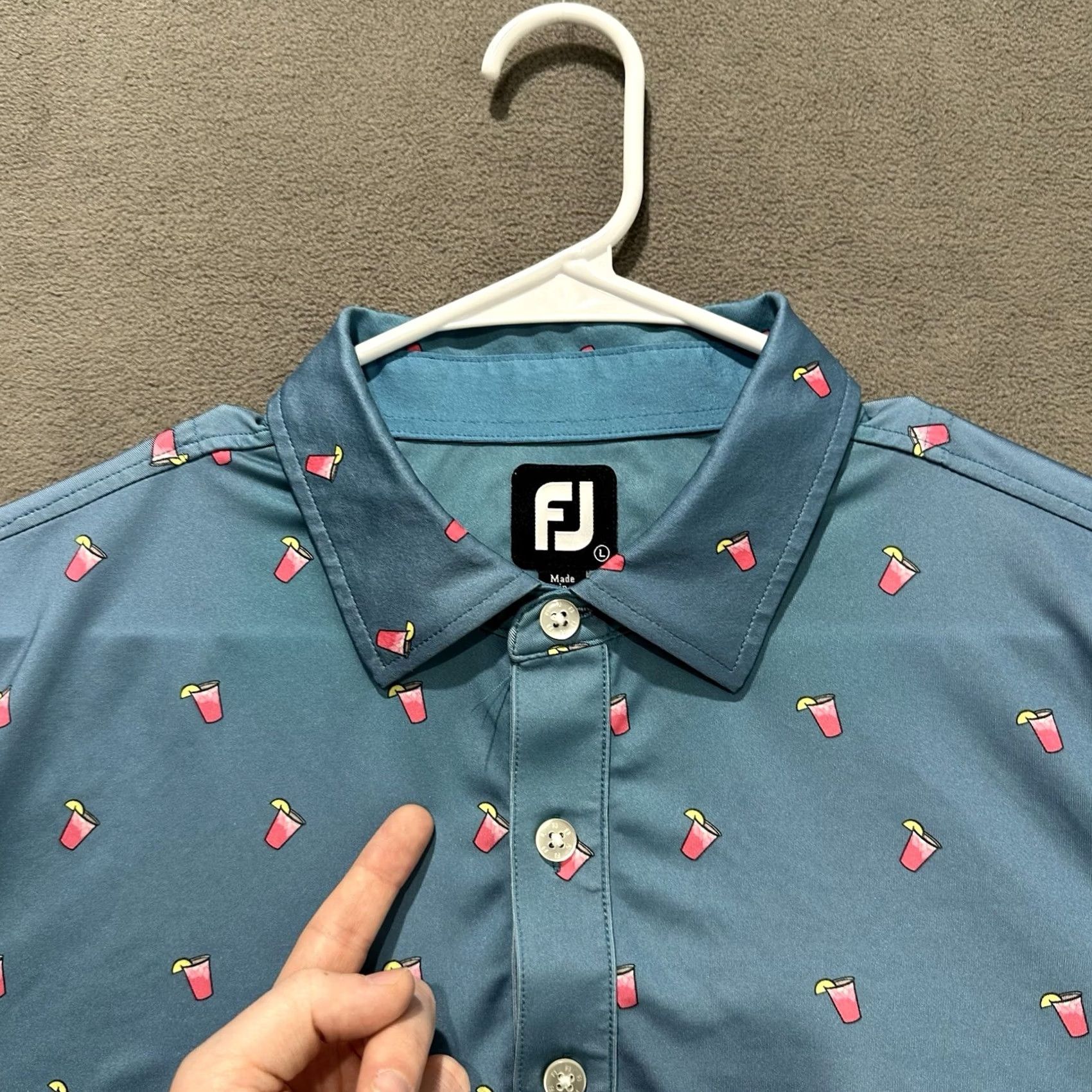Footjoy FootJoy Golf Polo Shirt Mens Large Blue Pink Lemonade AOP Print Stretch Size US L / EU 52-54 / 3 - 7 Thumbnail