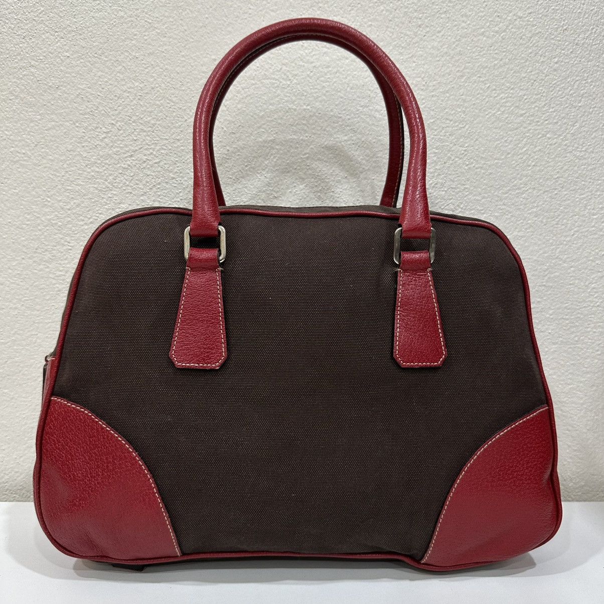 Prada PRADA BOWLING MINI BOSTON BAG BROWN CANVAS RED TRIM LEATHER Size ONE SIZE - 5 Thumbnail