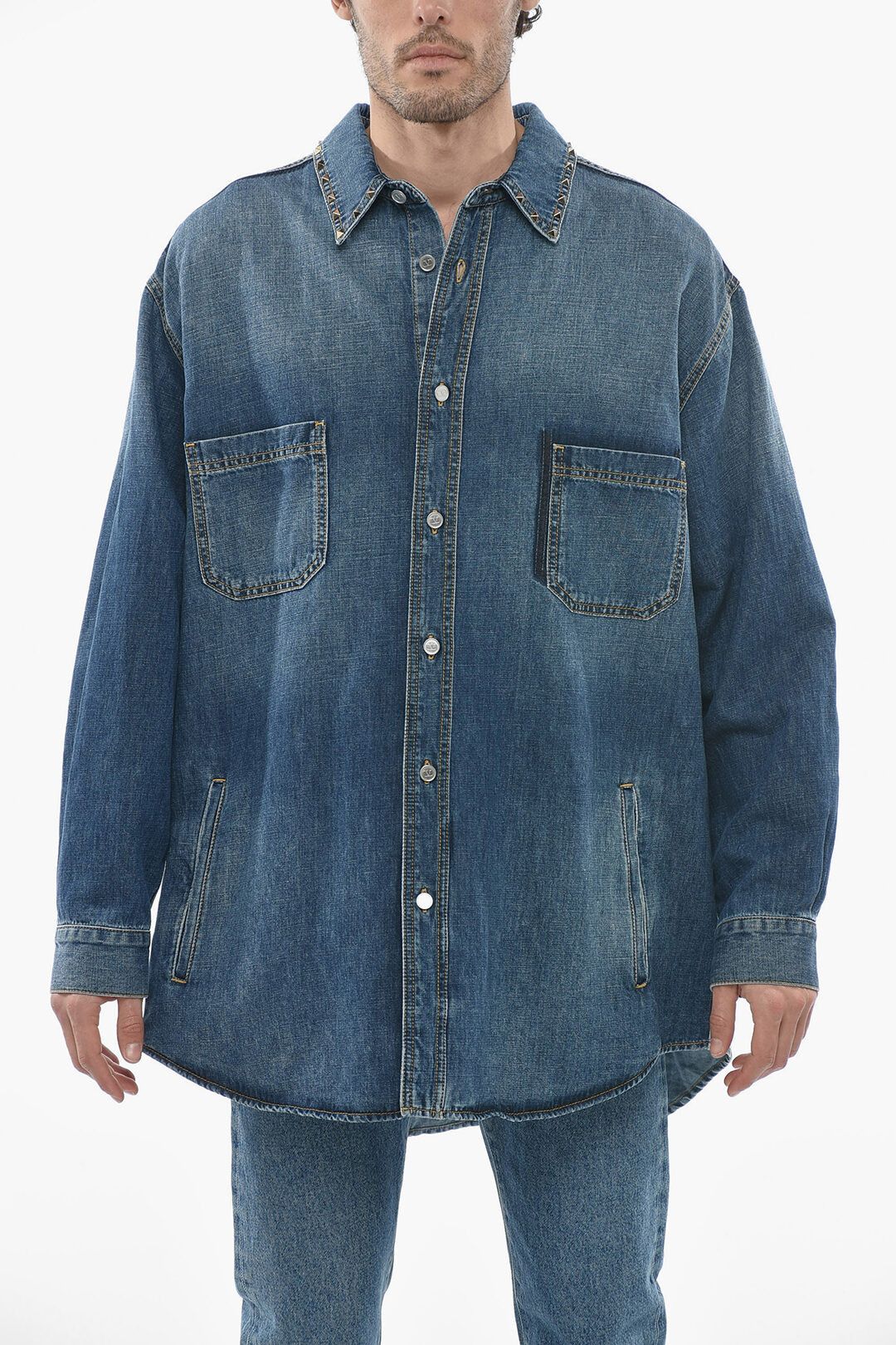 image of Valentino Og1Mm0524 Denim Shirt In Blue, Men's (Size Small)