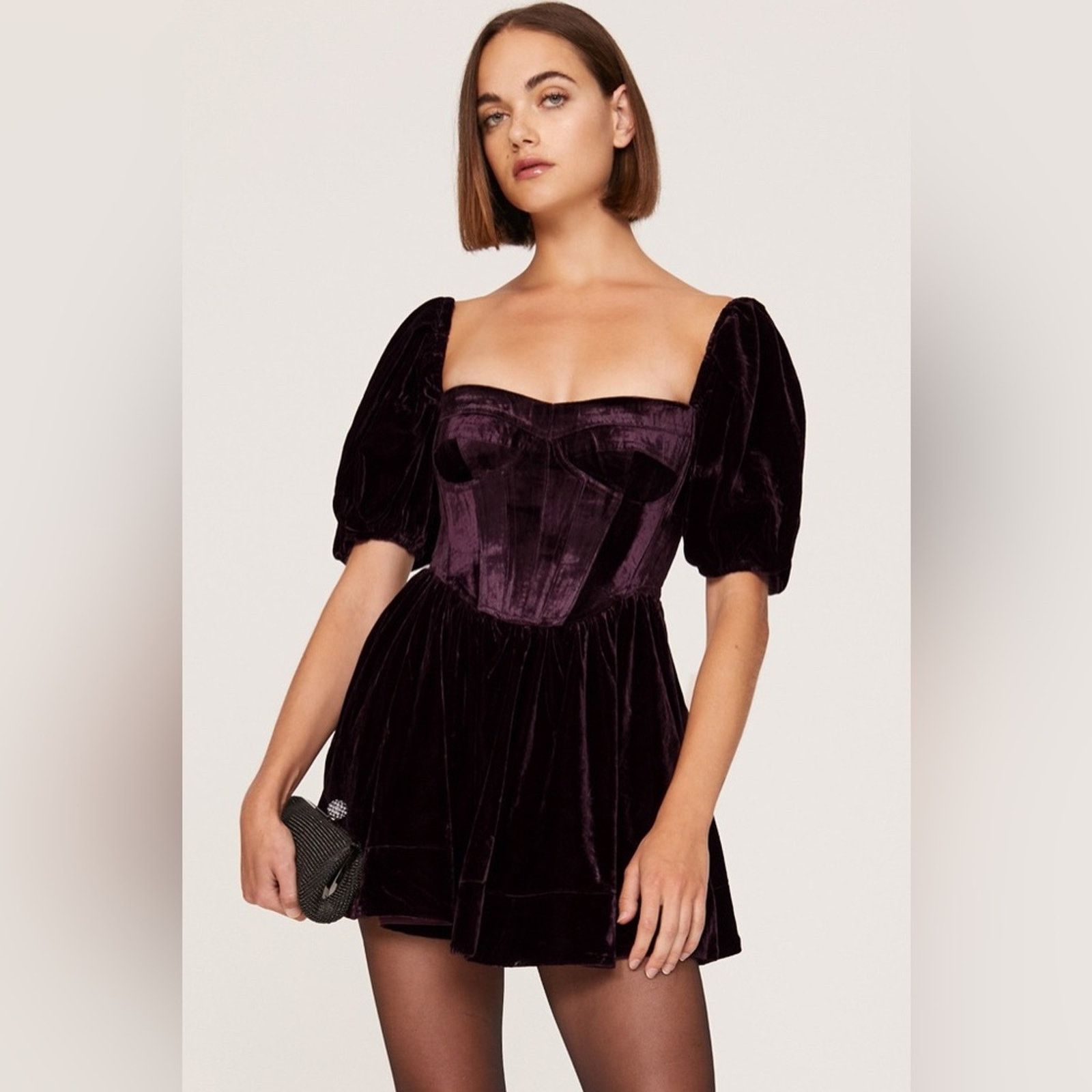 Selkie Bardot Velour Corset Mini Dress Size L Dark Red (item #045) Size L / US 10 / IT 46 - 10 Thumbnail