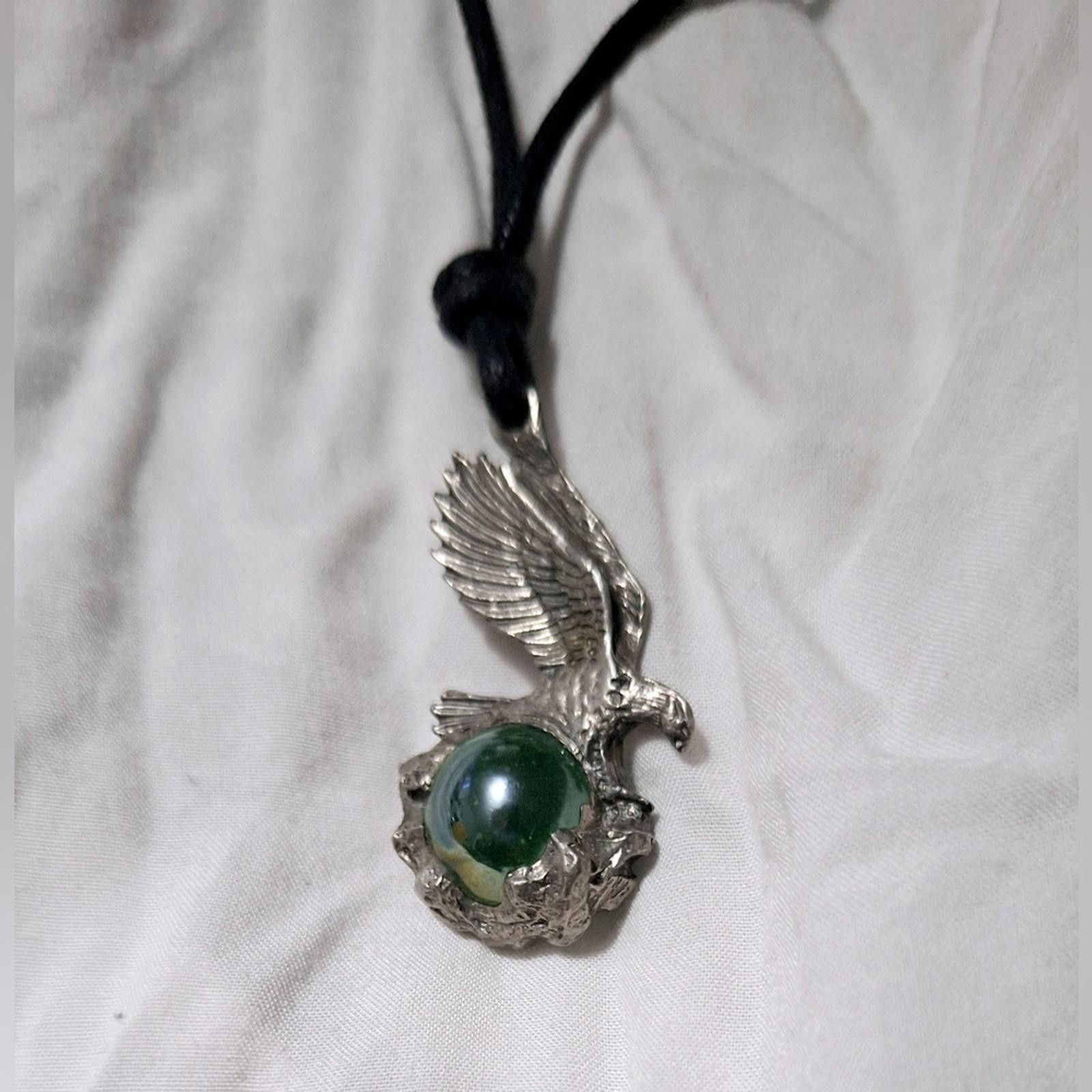 Designer Pewter EAGLE Charm Pendant Holding Lite Green Stone Size ONE SIZE - 1 Thumbnail