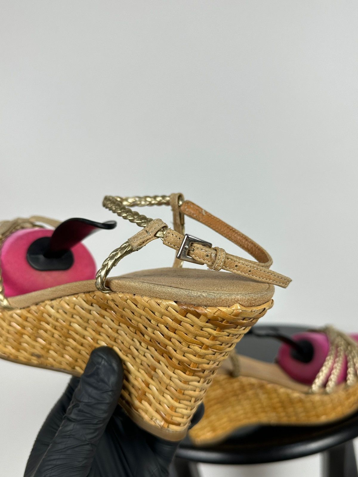 Prada Prada Braided Leather Woven Raffia Wedge Ankle Strap Sandals Size US 9.5 / IT 39.5 - 20 Thumbnail
