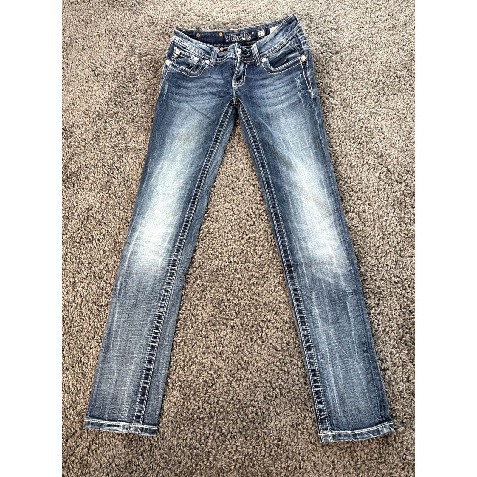 Miss Me VINTAGE Miss Me Jeans Low Rise Skinny 29x31 Bejeweled Rhinestone Blue Womens Girls Pants 2000s Y2K Skinny Jeans Size 29" - 5 Thumbnail