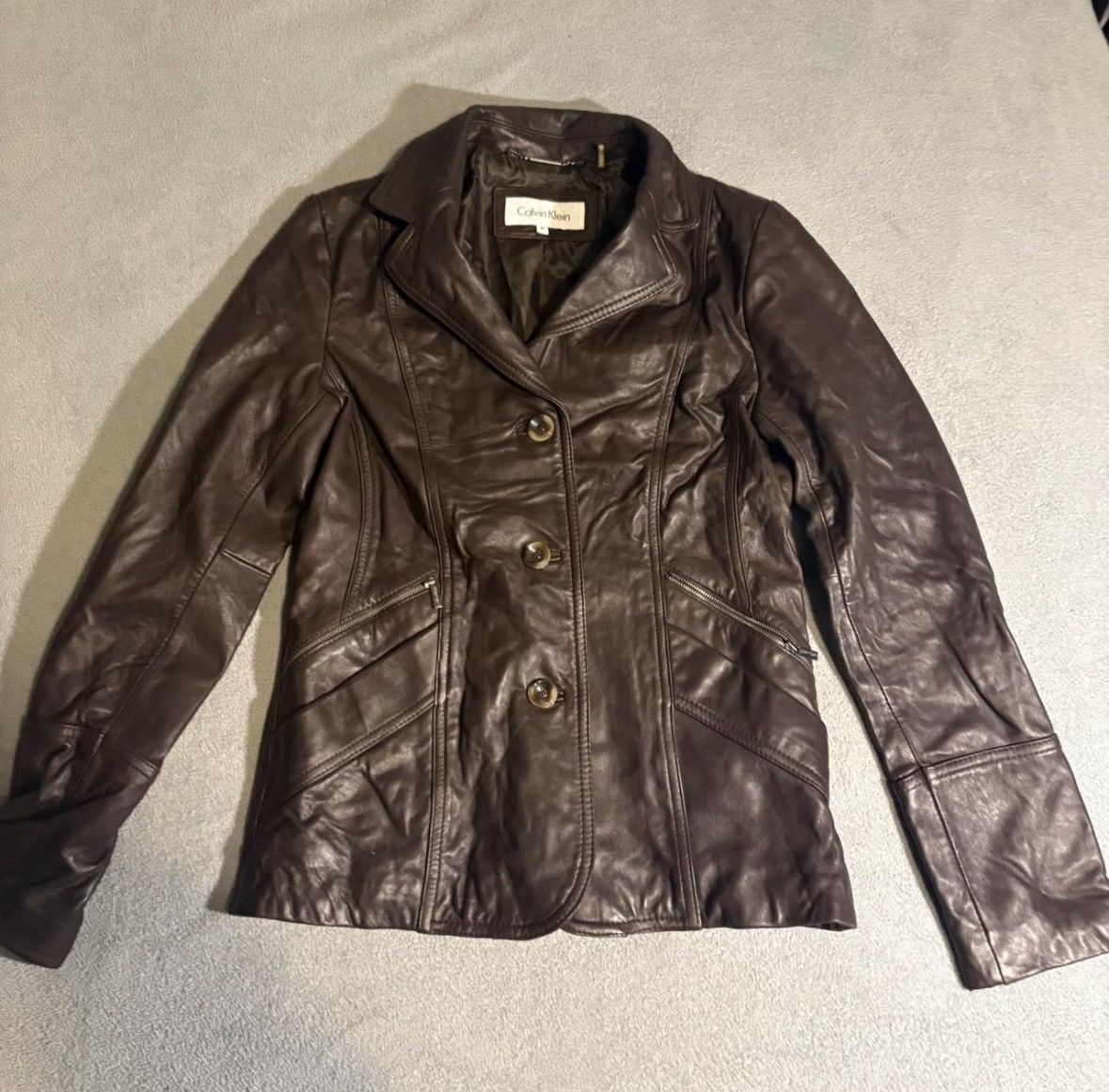 Calvin Klein Brown Leather Jacket – Button Front – Size M