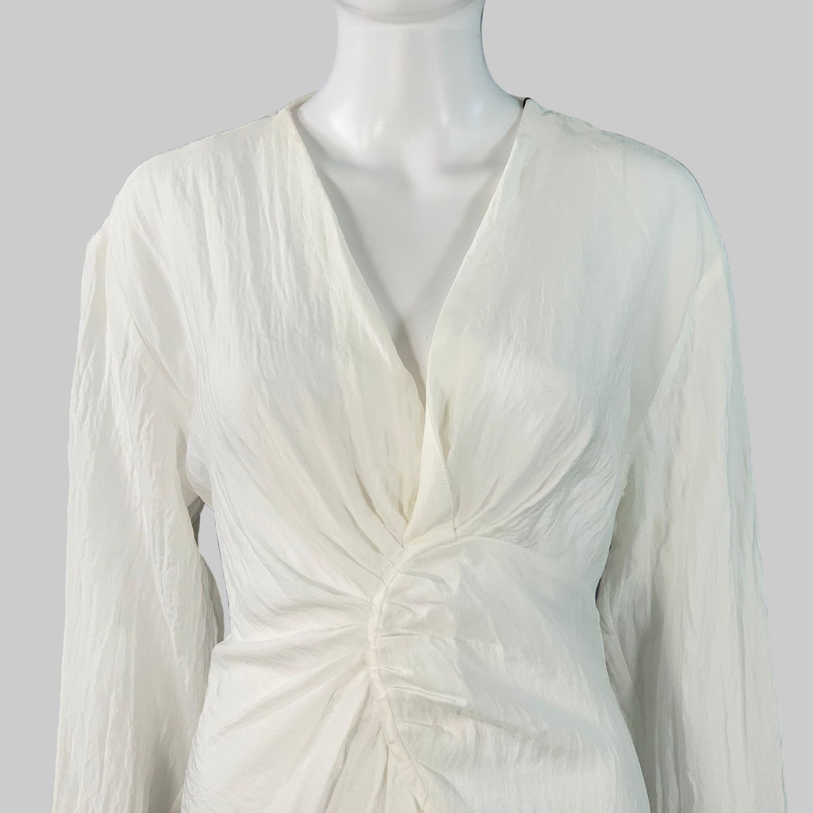 Sandro White Acetate Wrinkled Ruched Long Sleeve V-Neck Dress Size S / US 4 / IT 40 - 2 Thumbnail