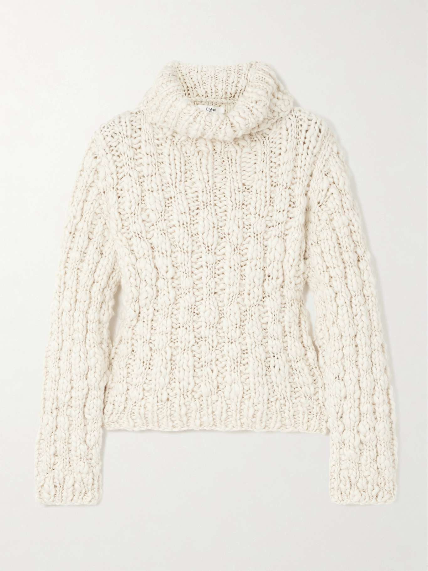o1loc1c11025 Cable-knit Turtleneck Sweater in White