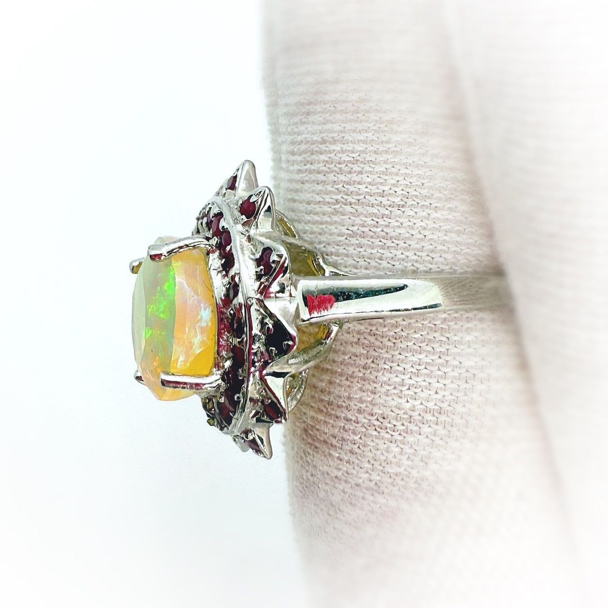 Nordstrom 14k White Gold over Silver Ethiopian Opal and Ruby Ring! Size ONE SIZE - 3 Thumbnail