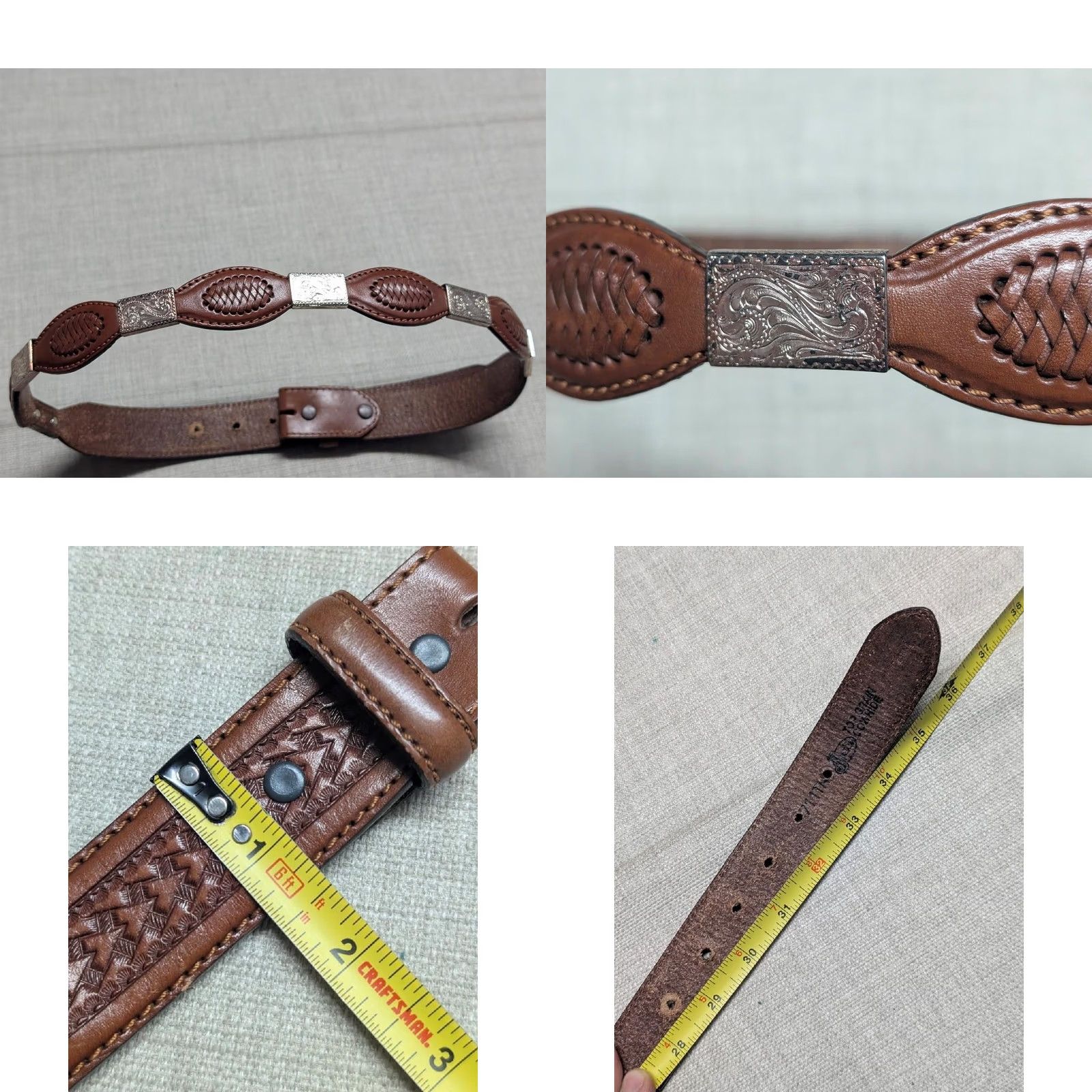 Vintage VINTAGE Justin western belt Concho tooled leather brown 32 buckle scalloped belt rodeo Southwestern Mens Size 32 - 9 Thumbnail