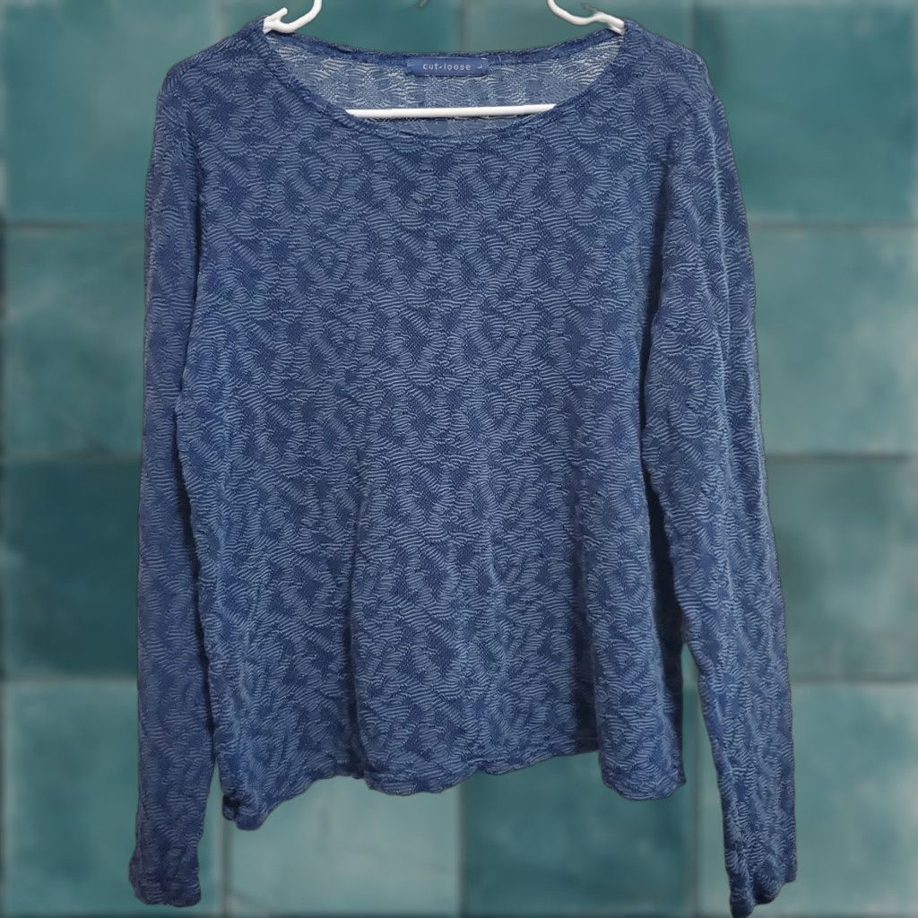 Vintage Cut Loose Top Women L Blue Print Rayon Blend Boat Neck Long Sleeve Relaxed Shirt Blouse Casual Womens Size L / US 10 / IT 46 - 1 Thumbnail