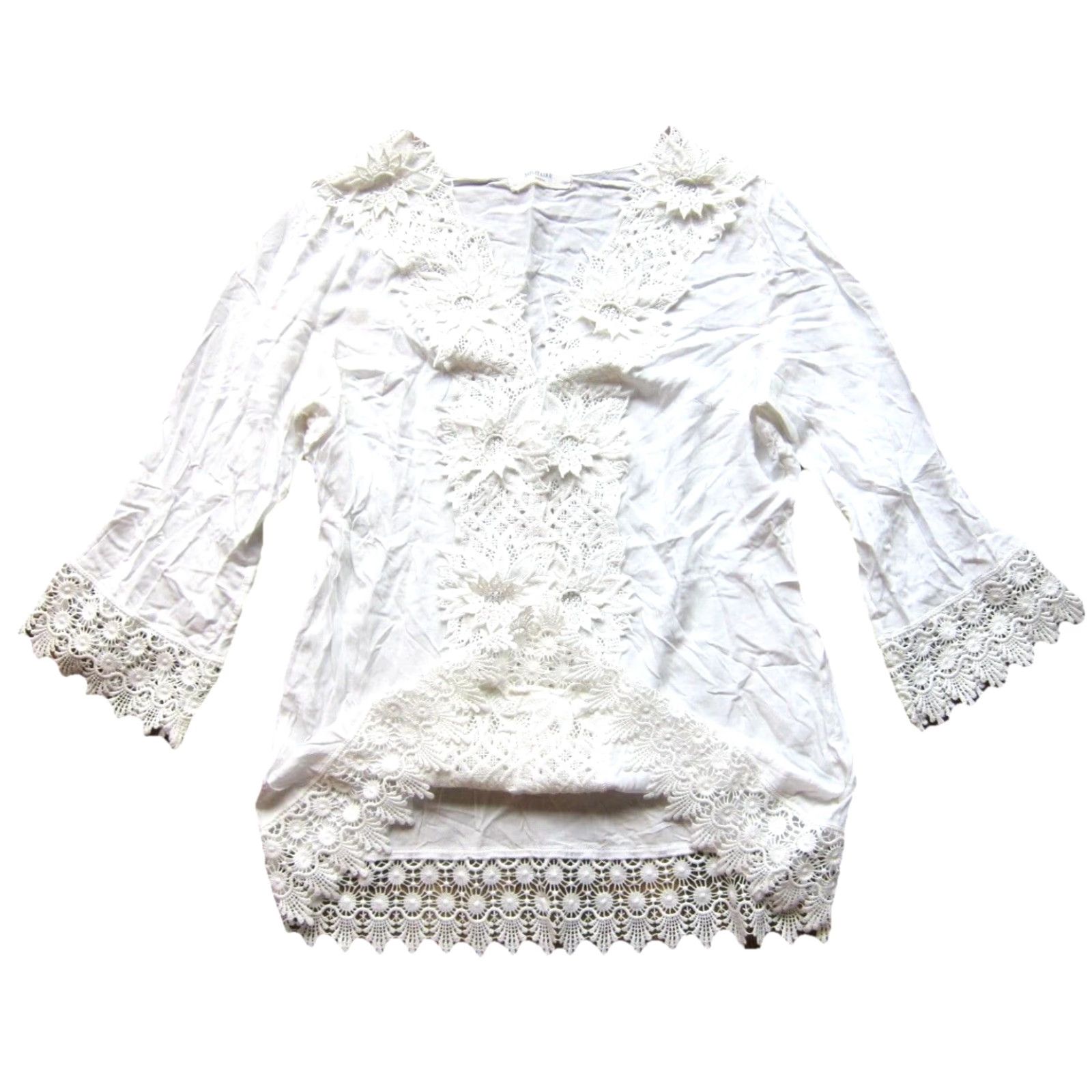 Vintage Solitaire 100% Rayon White Floral Embroidered 3/4 Sleeve Blouse L Size L / US 10 / IT 46 - 3 Thumbnail