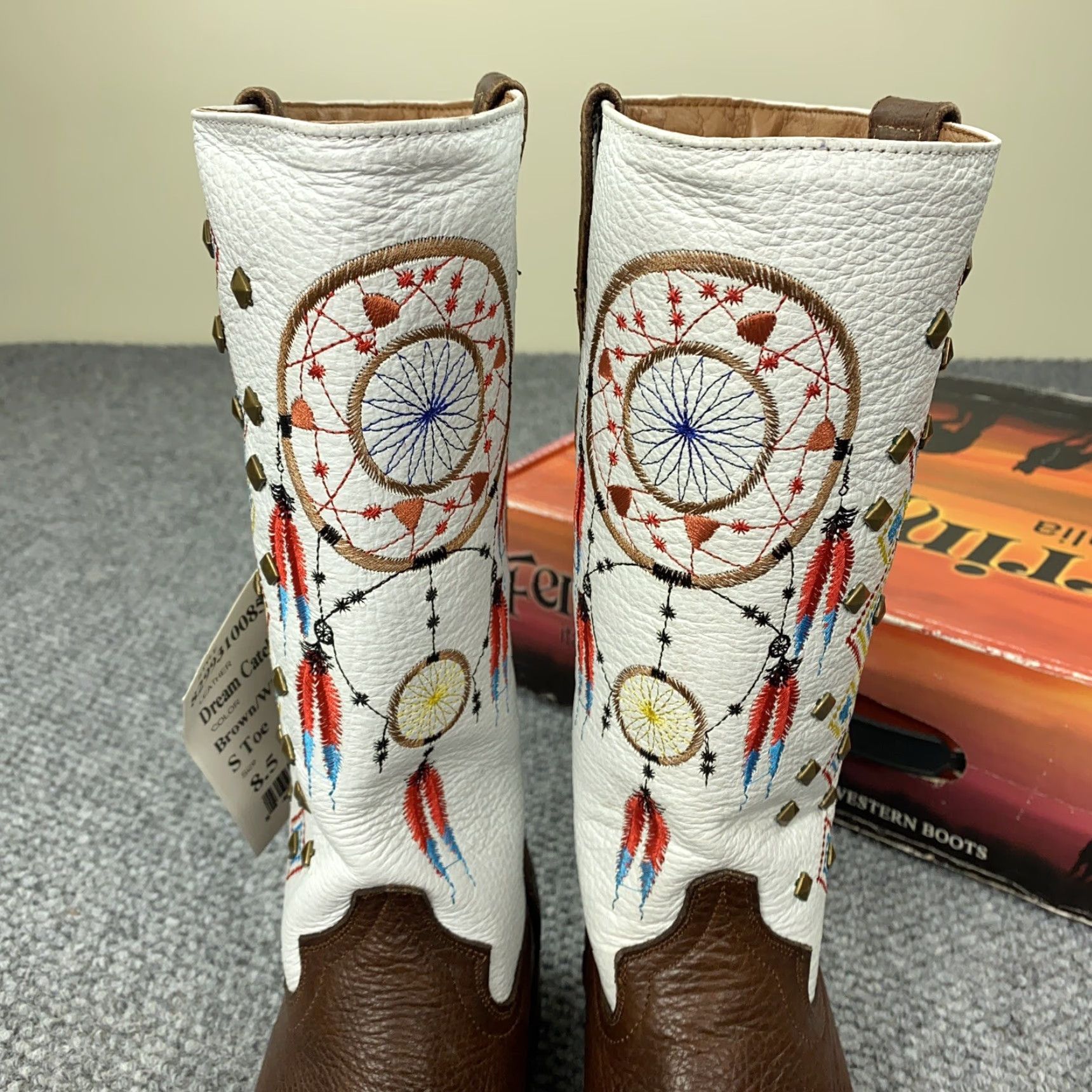 Vintage VINTAGE Ferrini Western Boots Womens Size 8.5 Leather Cowgirl Square Toe Studded Southwestern Brown and White 90s Size US 8.5 / IT 38.5 - 4 Thumbnail