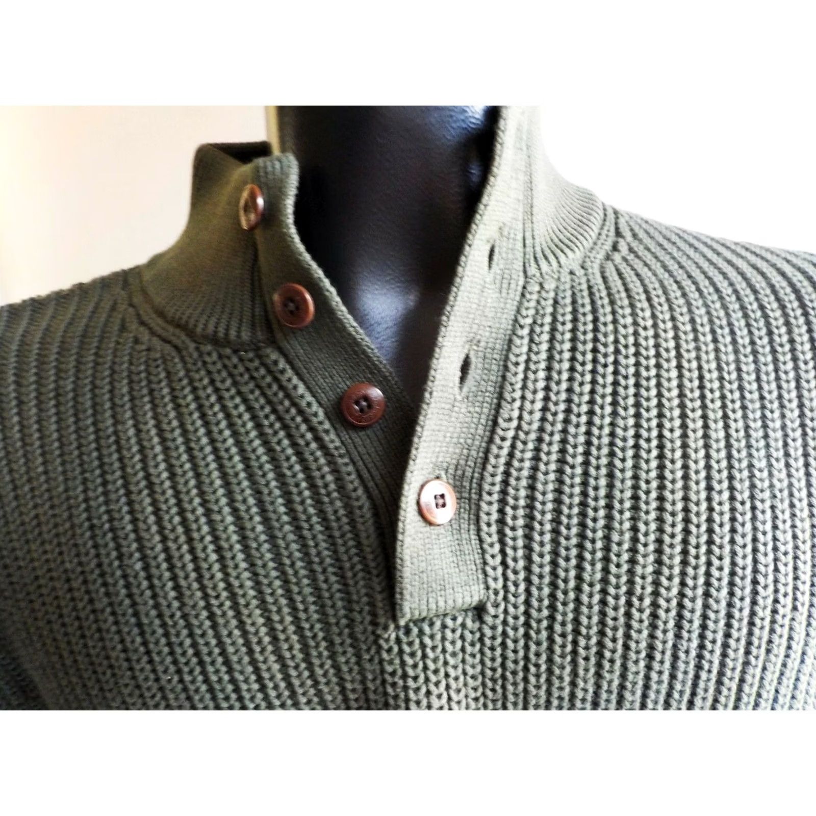 Vintage L.L. Bean Henley Sweater Shirt Knit 100% Cotton Army Green Medium 4 Buttons Mens Size US M / EU 48-50 / 2 - 3 Thumbnail