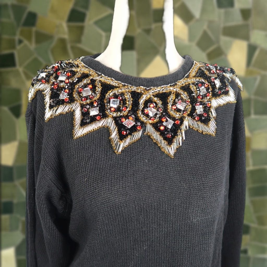 Vintage VINTAGE Lindsey Blake Beaded Jewel Pullover Sweater M Black Women Pullover 80s 90s Fall Winter Knit Cotton Ramie Long Sleeve Mens? Size M / US 6-8 / IT 42-44 - 1 Thumbnail