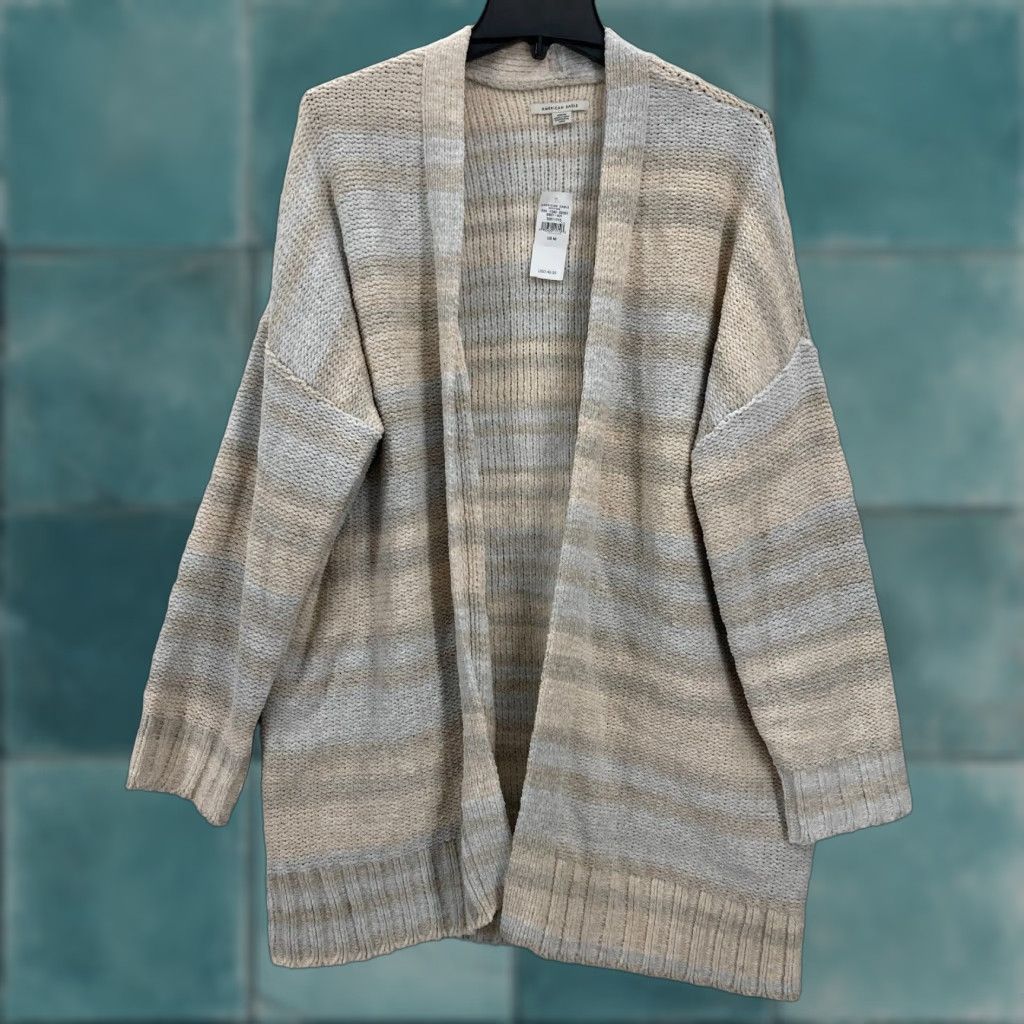 American Eagle Outfitters American Eagle Outfitters Cardigan Women’s Striped Knit Open Front M Gray Beige Sweater Size M / US 6-8 / IT 42-44 - 1 Thumbnail