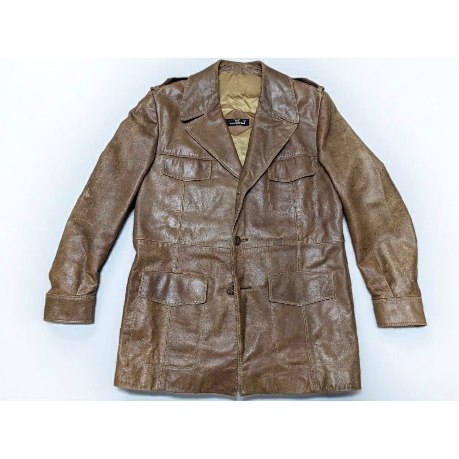 Vintage VINTAGE Cortefiel leather 44 brown PATINA overcoat jacket NORFOLK belted Size US L / EU 52-54 / 3 - 2 Thumbnail
