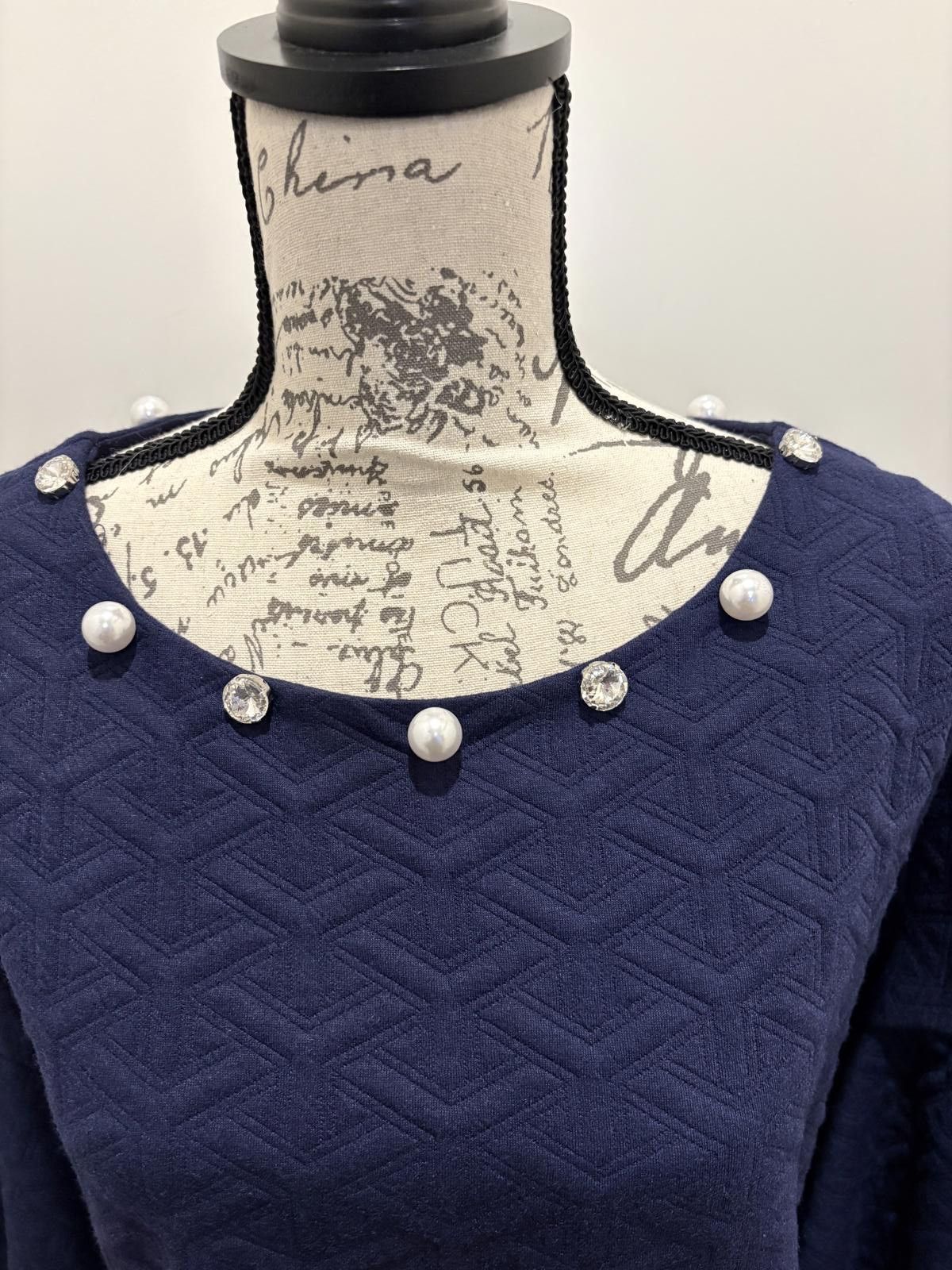 Other Navy Textured Dress with Pearl and Gem Neckline Size 3XL / US 20-22 - 2 Thumbnail