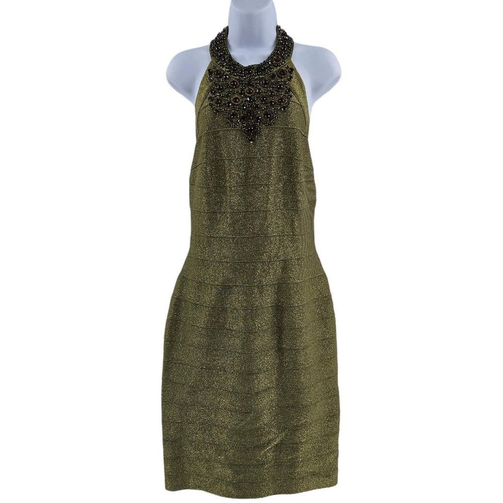 The Unbranded Brand Carmen Marc Valvo Olive Halter Neck Jeweled Bandage Dress Size M / US 6-8 / IT 42-44 - 1 Thumbnail