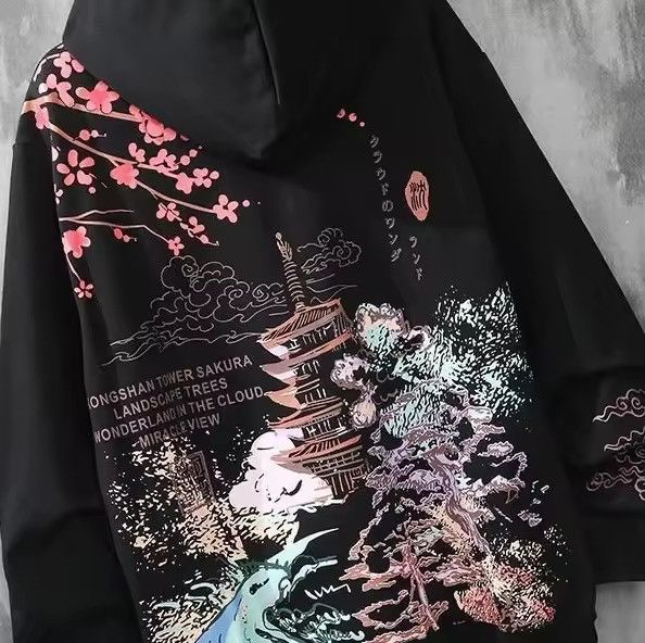 Japanese Brand Japanese-Inspired Sakura Print Hoodie | Black Oversized Size US XL / EU 56 / 4 - 3 Thumbnail