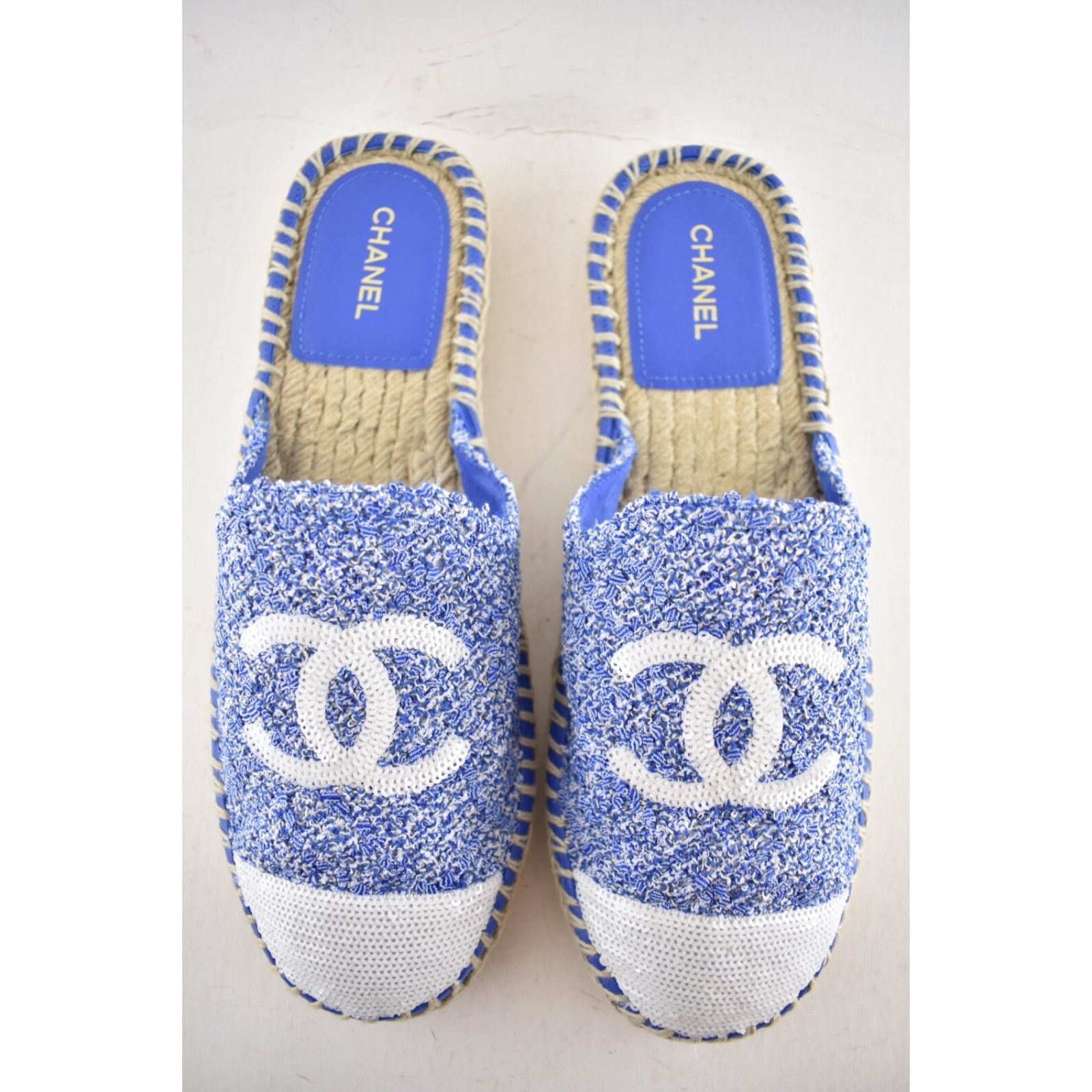 Chanel Chanel 24P Blue Tweed White Sequin CC Logo Backless Size US 10 / IT 40 - 8 Thumbnail