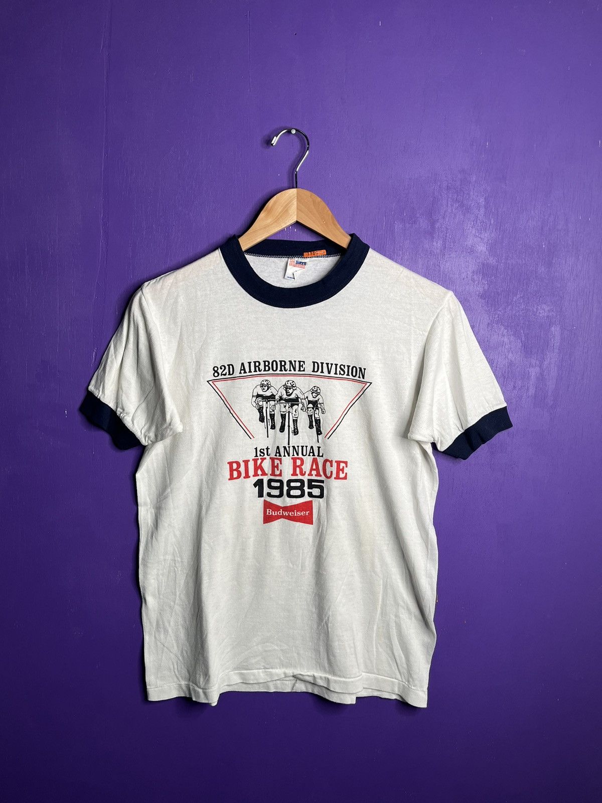 Vintage 1985 Budweiser bike race ringer t-shirt