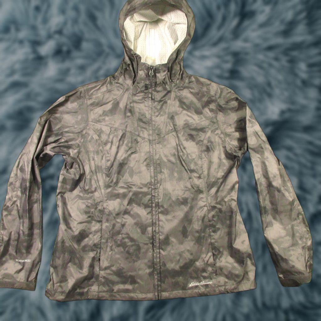 Eddie Bauer Eddie Bauer WeatherEdge Rain Jacket Womens XL Gray Camo Hooded Soft Shell Zip Mid-Length Front Pockets Breathable Lightweight Size XL / US 12-14 / IT 48-50 - 1 Thumbnail