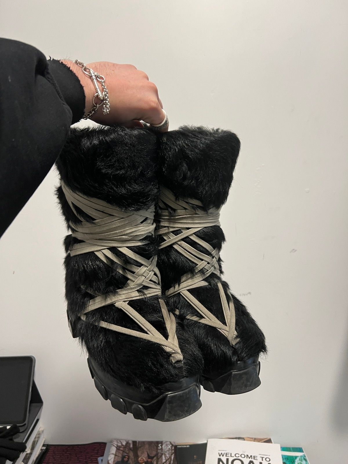 Pre-owned Rick Owens Megalace Fur Lunar Boots In Black