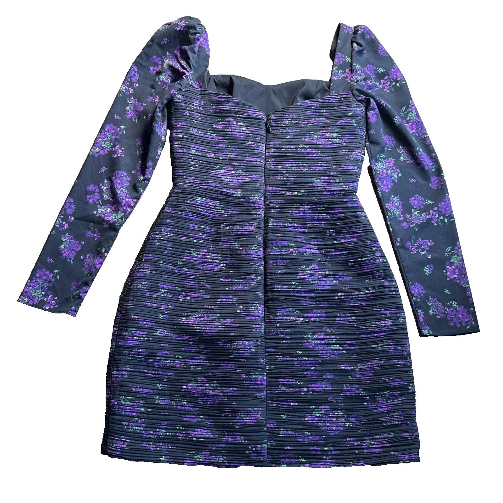 Amur Amur Giulia Black Purple Pleated Floral Print L/S Mini 0 Size XS / US 0-2 / IT 36-38 - 5 Thumbnail