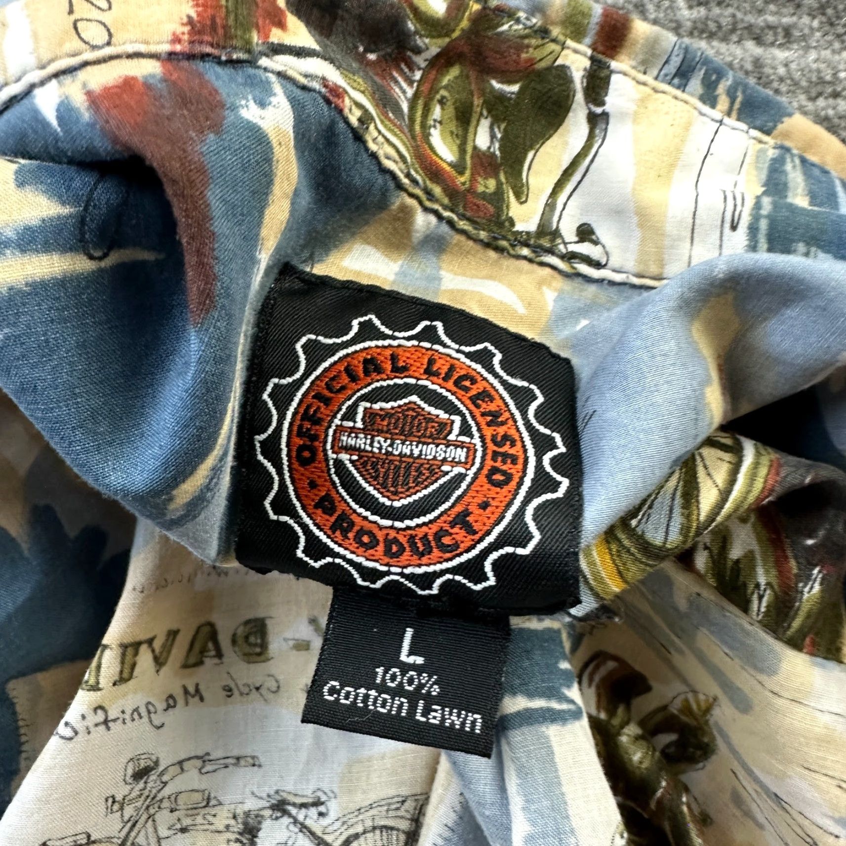 Harley Davidson VINTAGE Harley-Davidson Shirt Mens Large Beige Tan Tori Richard Camp All Over Print Size US L / EU 52-54 / 3 - 6 Thumbnail
