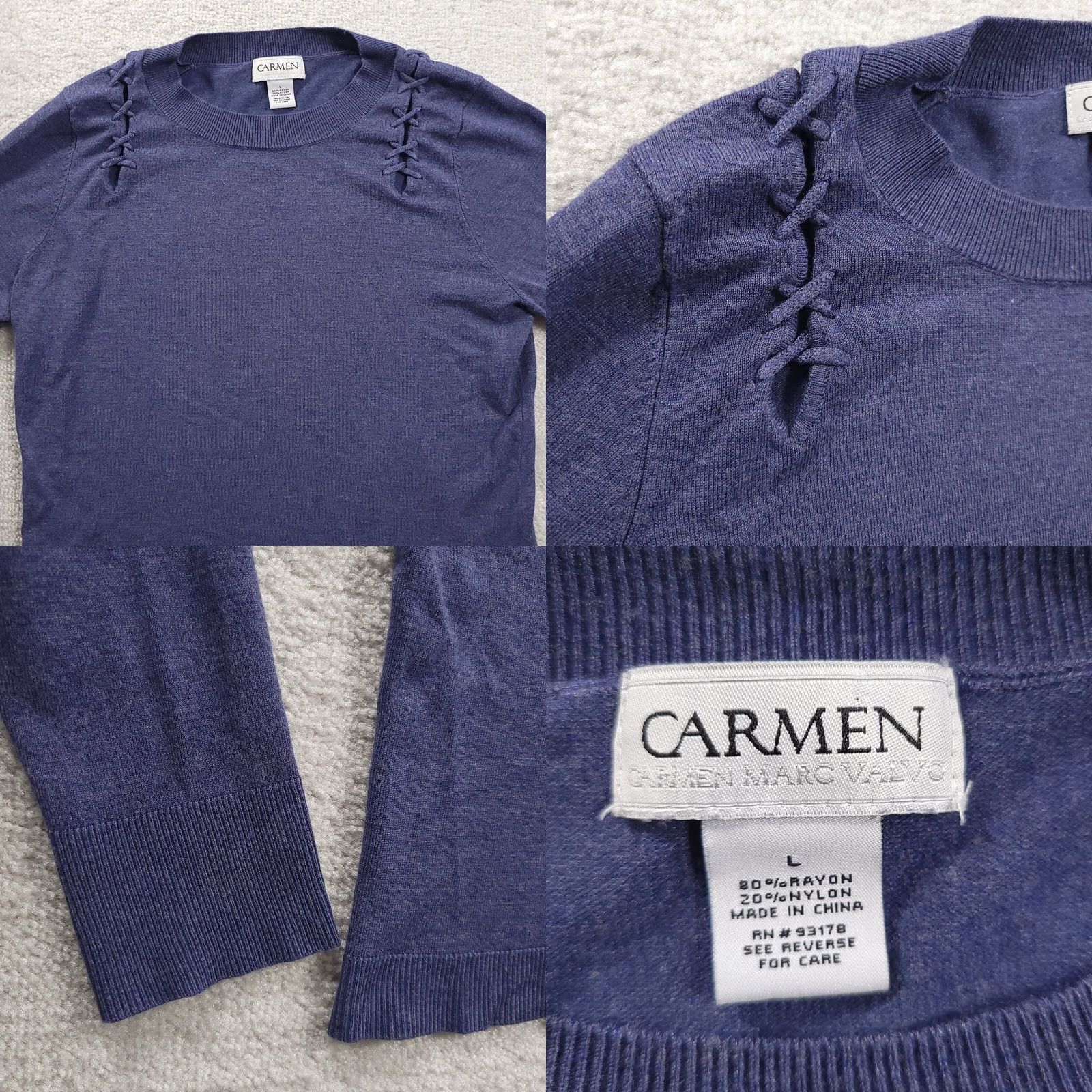 Vintage Carmen Marc Valvo Sweater Top Womens Large Blue Crewneck Lace Up Shoulders Knit Pullover Size L / US 10 / IT 46 - 8 Thumbnail