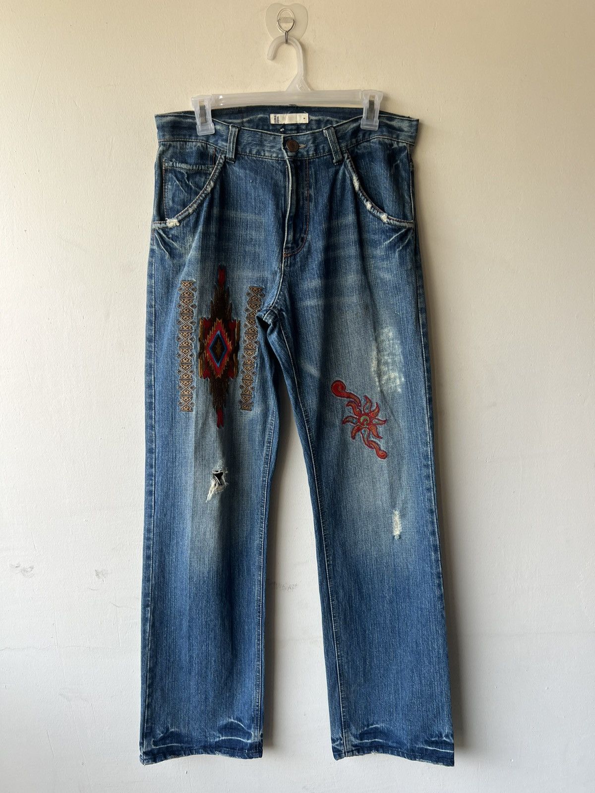 Vintage Vintage Global Work Ortega Embroidery Rips Distressed Denim Size US 31 - 2 Thumbnail