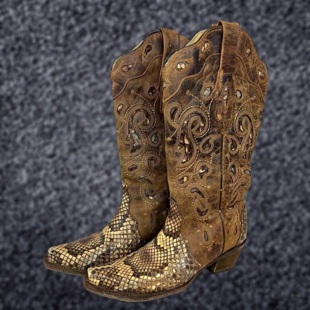 Vintage Corral Western Cowgirl Boots Women's Size 6 Brown Snake Leather A2911 Knee High Block Heel Shoes