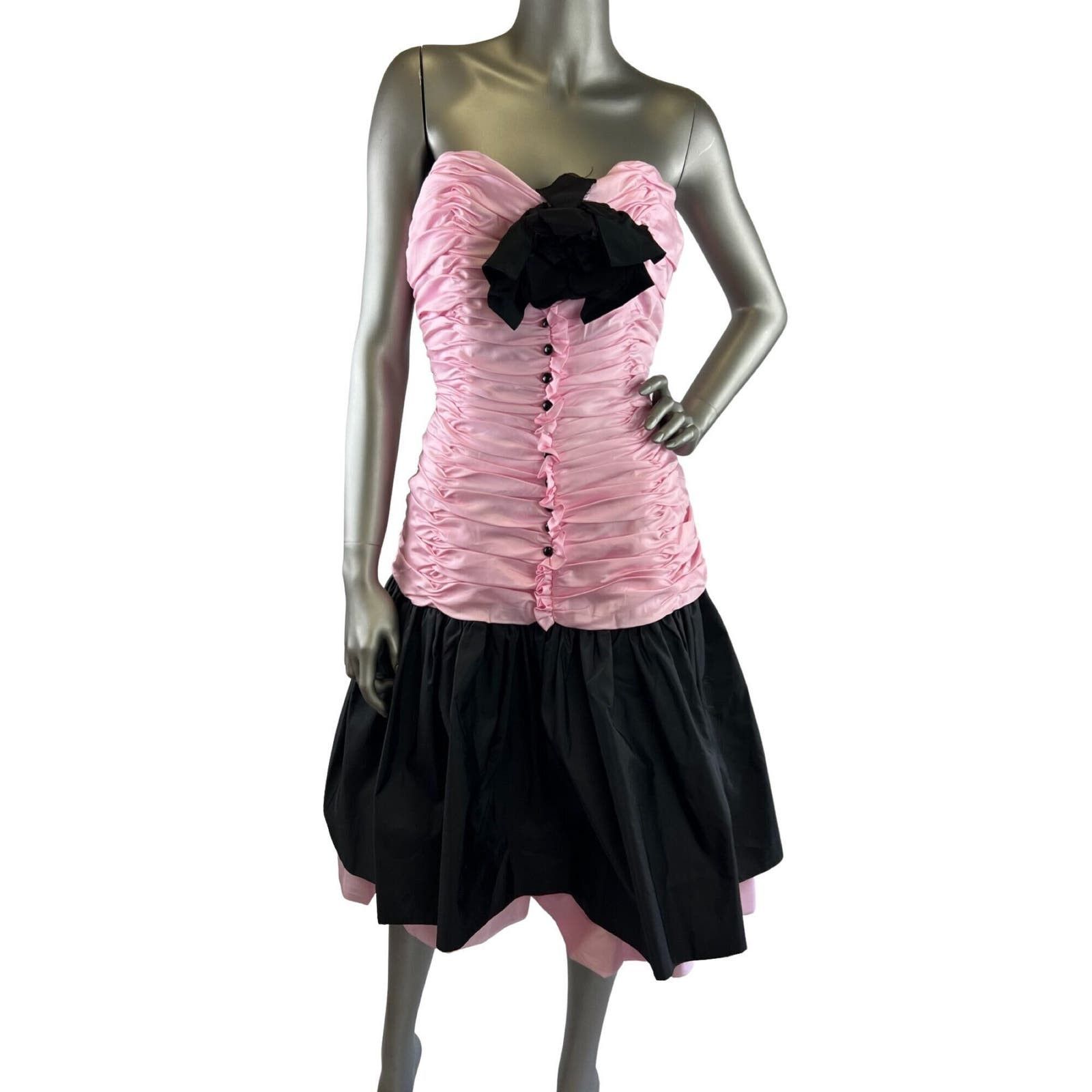 image of Vintage 1980S Victor Costa Pink Black Strapless Dress Small, Women's