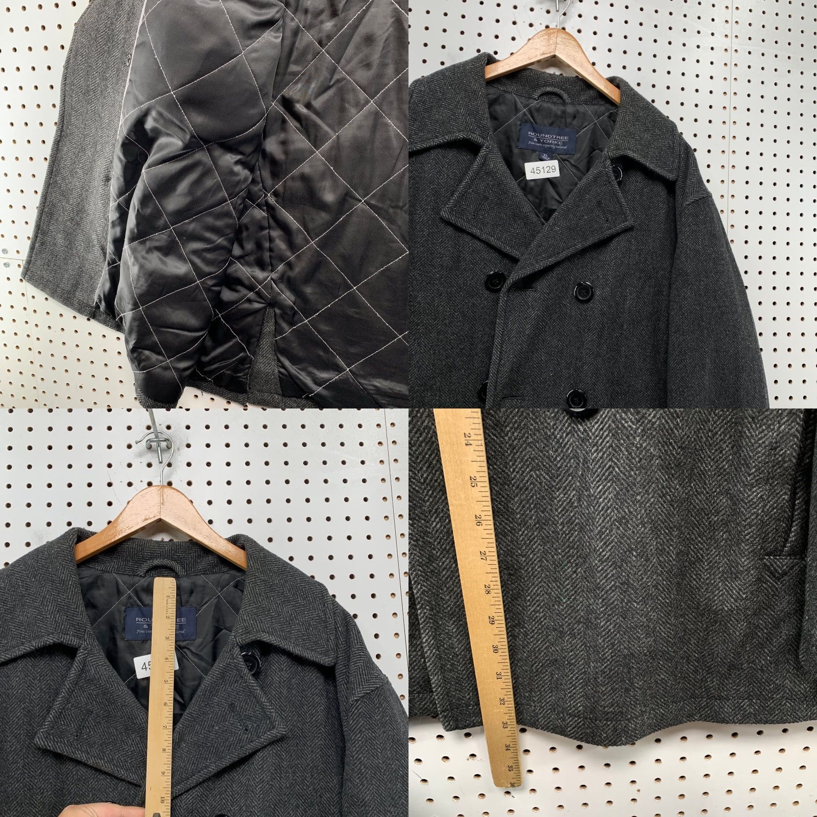 Roundtree & Yorke VINTAGE Roundtree Yorke Wool Tweed Coat Men XL Gray Double Breasted Herringbone Pea Coat Size US XL / EU 56 / 4 - 8 Thumbnail