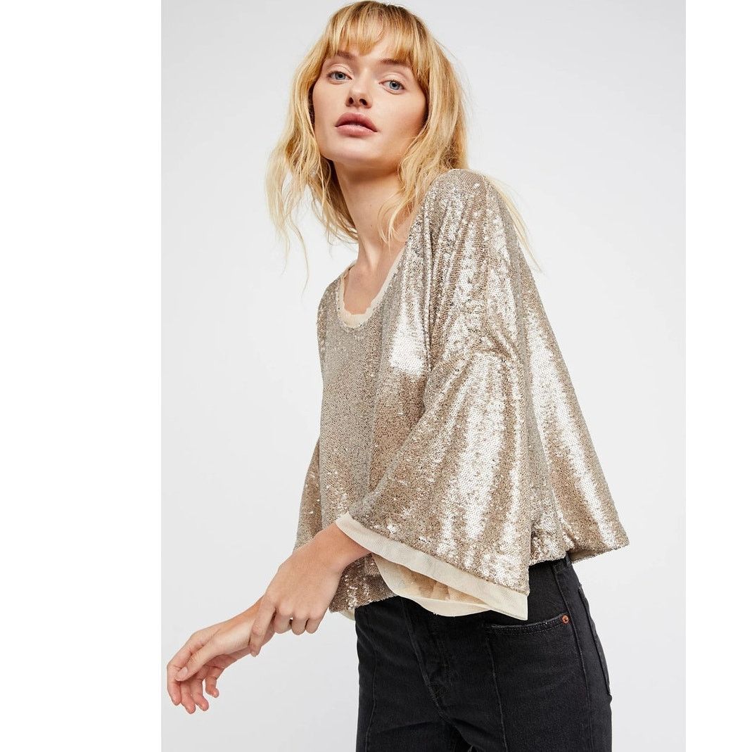 Free People New FREE PEOPLE Champagne Dreams Sequins Glam Tee $128 Sz M Size M / US 6-8 / IT 42-44 - 1 Thumbnail