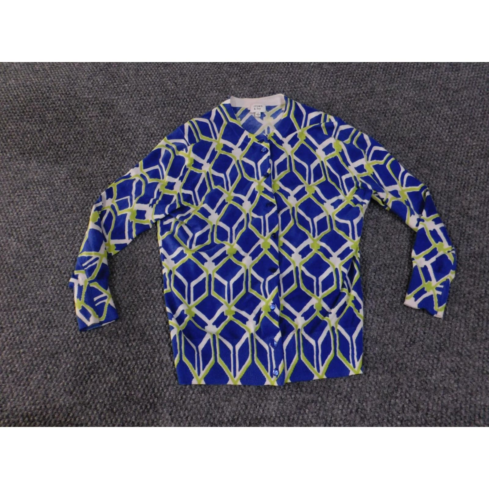 Vintage Crown & Ivy Sweater Cardigan Women's Small Geometric Print Lightweight Crew Neck Button Front Long Sleeve Home Size S / US 4 / IT 40 - 4 Thumbnail