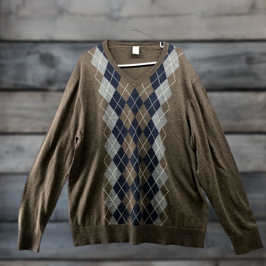 Gap GAP Argyle Sweater Mens XL Brown V-neck Lightweight Cotton Knit Pullover Size US XL / EU 56 / 4 - 1 Thumbnail