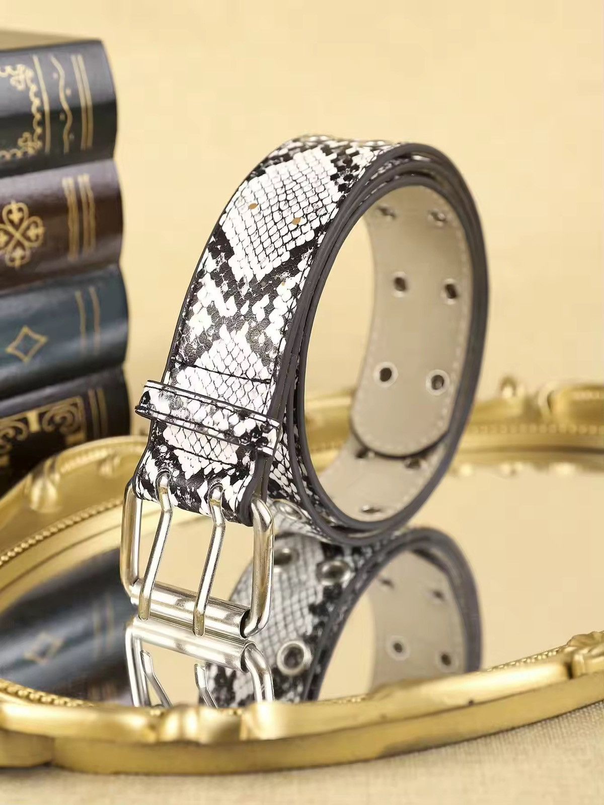 Japanese Brand 130 cm Python Black & White PU Belt Size ONE SIZE - 3 Thumbnail