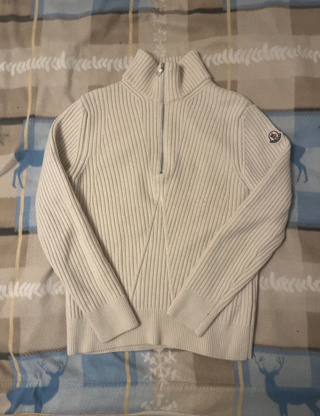Moncler MONCLER Medium Cream Polo Tricot Quarter Zip Wool Jumper Size US M / EU 48-50 / 2 - 2 Thumbnail