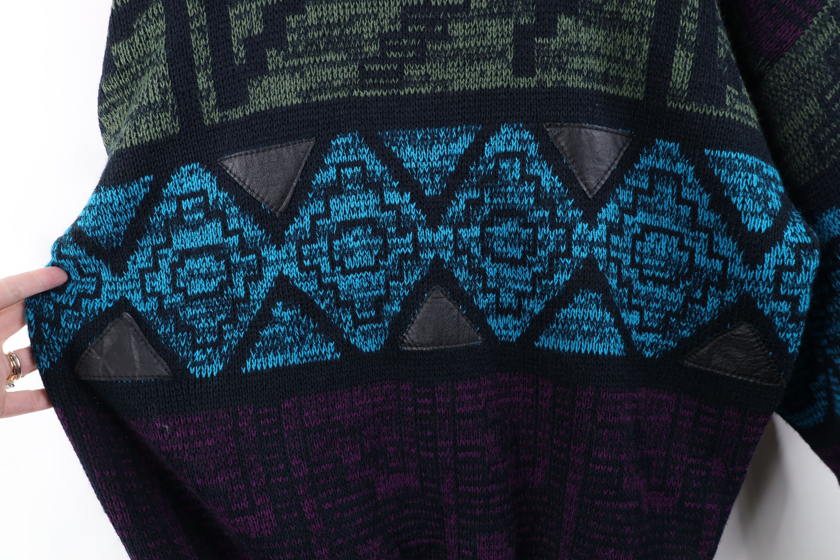 Vintage Vintage 90s Streetwear Leather Trim Geometric Knit Sweater Size US L / EU 52-54 / 3 - 5 Thumbnail