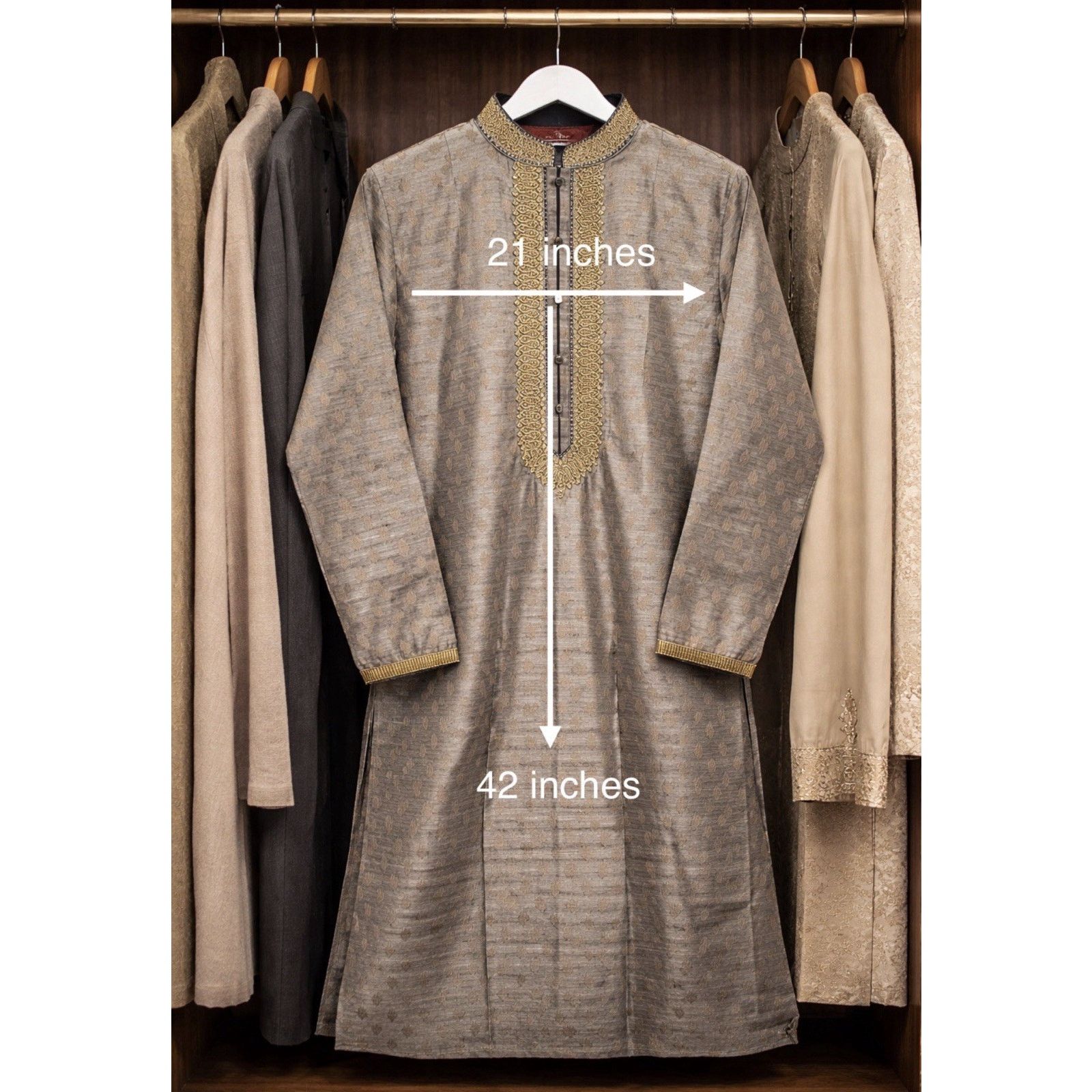 & Other Stories Sultan Men's Gray Kurta Gold Embroidery 21" Chest 42" Length Size US XS / EU 42 / 0 - 2 Thumbnail