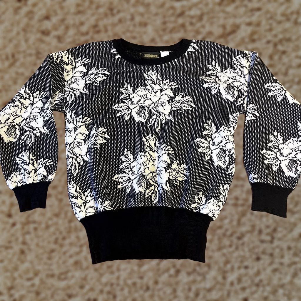 Vintage Nuggets Knit Sweater Womens XS Black Grandma Flowers Ladies Pullover Long Sleeve 1/2 Zip Casual Fall Spring Winter Knit Pattern Solid Size XS / US 0-2 / IT 36-38 - 1 Thumbnail