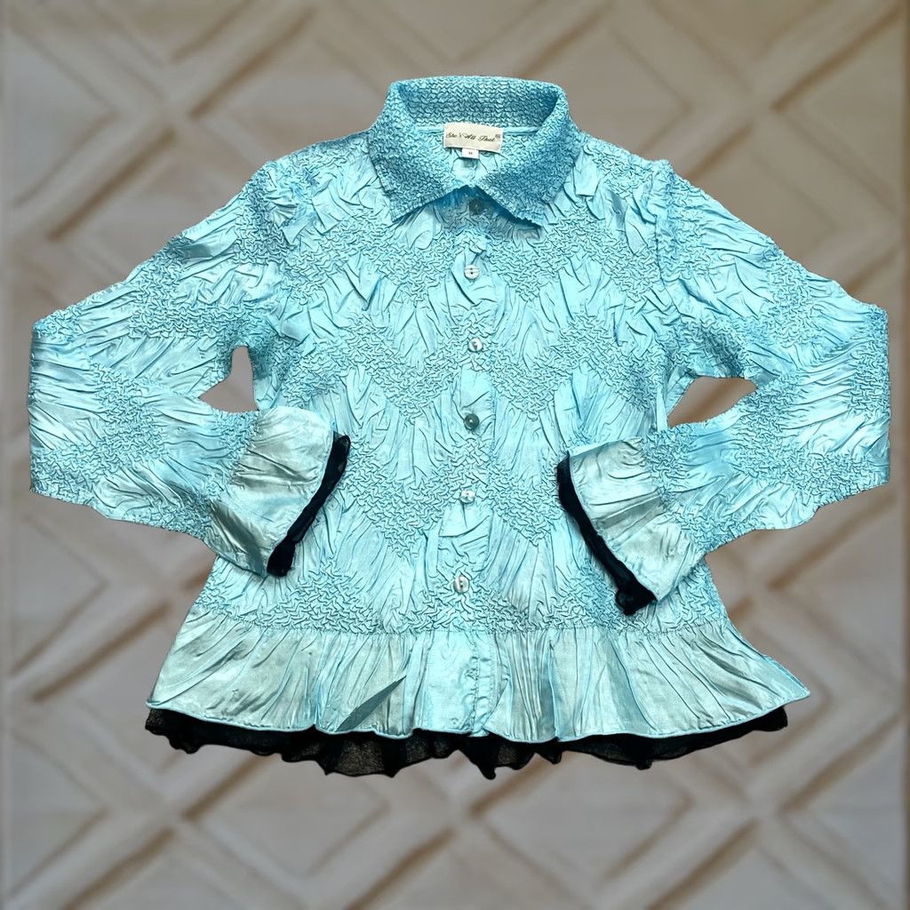 Vintage She's All That blouse Button Up Top Juniors M Light Blue Stretch Textured Shirt Size M / US 6-8 / IT 42-44 - 1 Thumbnail
