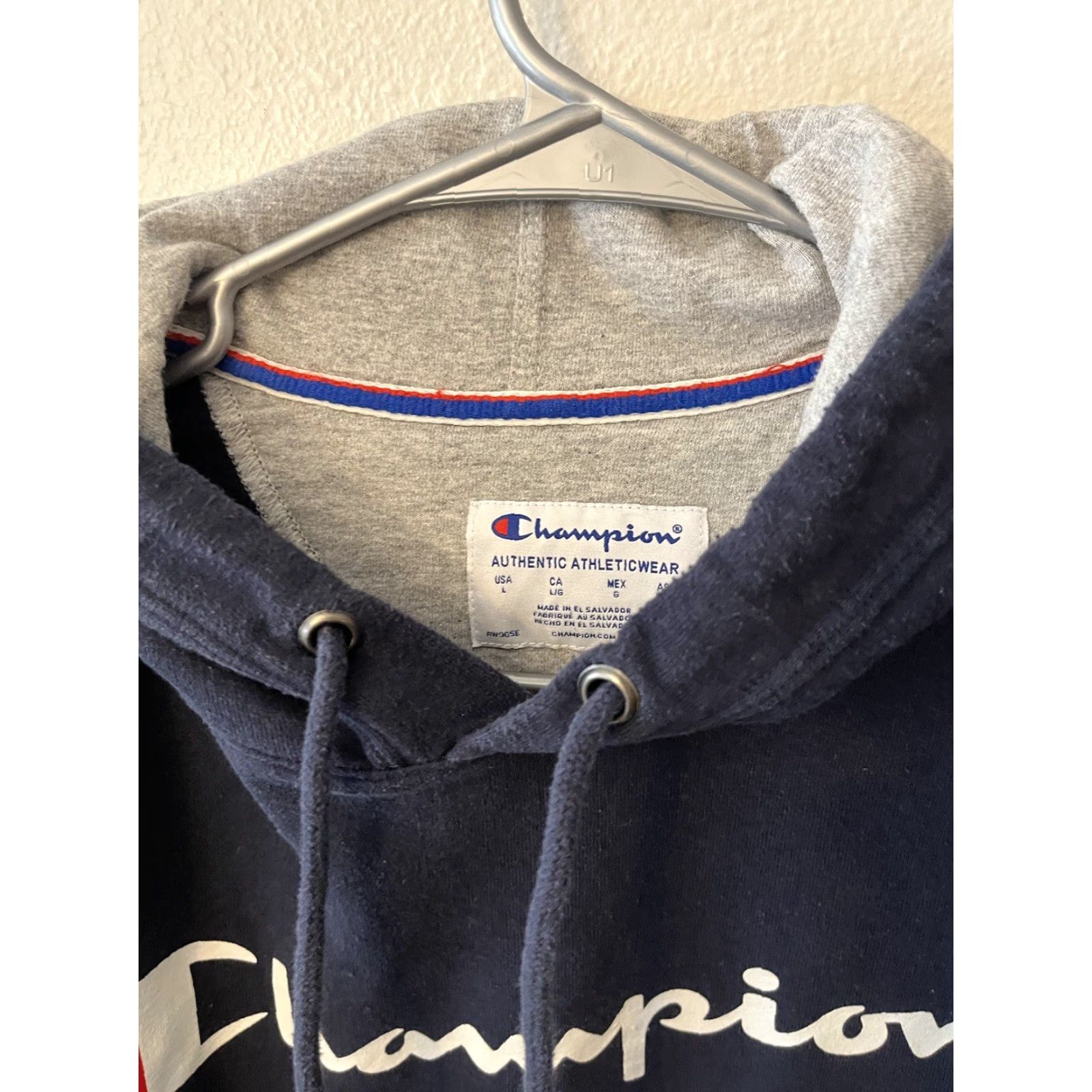 Champion Champion Hoodie Mens Size Large Long Sleeve Tee Shirt Navy Blue Spell Out Athletic Logo Hooded Sports Size US L / EU 52-54 / 3 - 2 Thumbnail